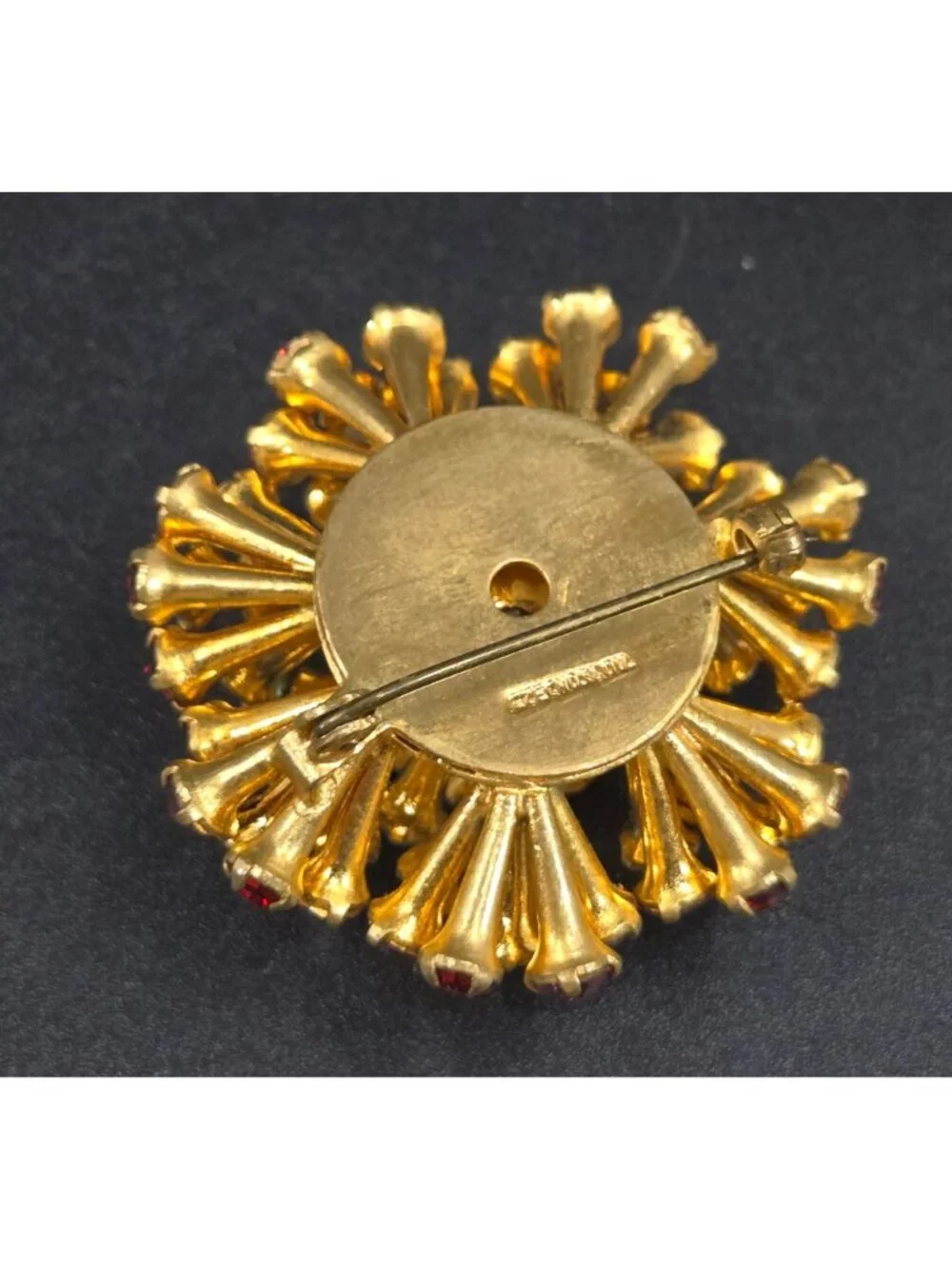 Stunning Czech Crystal Dome Brooch With Aurora Red & Blue Floral Design